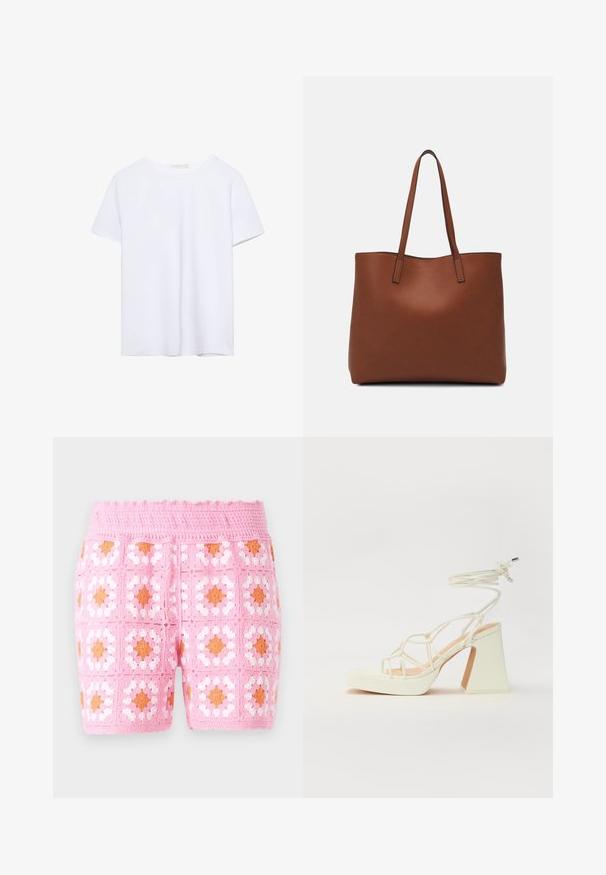 Simpel hvid kortærmet t-shirt med rund hals og lige kant, præsenteret på en hvid baggrund.; Lyserøde hæklet shorts med et firkantet mønster med hvide og orange accenter. Struktureret stof med en bølget taljedetalje.; Hvide højhælede sandaler med en kraftig hæl, der har et stropdesign og ankelbinding. Glat tekstur med en platform foran for ekstra højde.; Brun læder tote taske med en glat overflade, åben topdesign og to skulderremme. Har minimal syning og ingen synlig hardware.