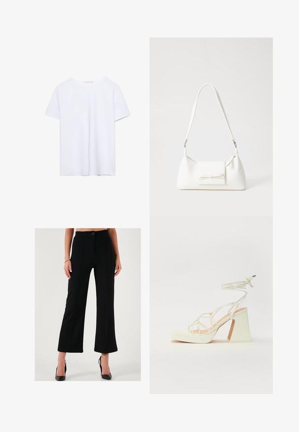 Simpel hvid kortærmet t-shirt med rund hals og lige kant, præsenteret på en hvid baggrund.; Sorte bredbenede bukser med høj talje, frontknaplukning og sømdetaljer. Fremstillet af et glat, struktureret stof.; Hvide højhælede sandaler med en kraftig hæl, der har et stropdesign og ankelbinding. Glat tekstur med en platform foran for ekstra højde.; Hvid syntetisk håndtaske med en trekantet form, flad forsideklap og sløjfedetalje, justerbar strop, glat tekstur og minimalistisk design.