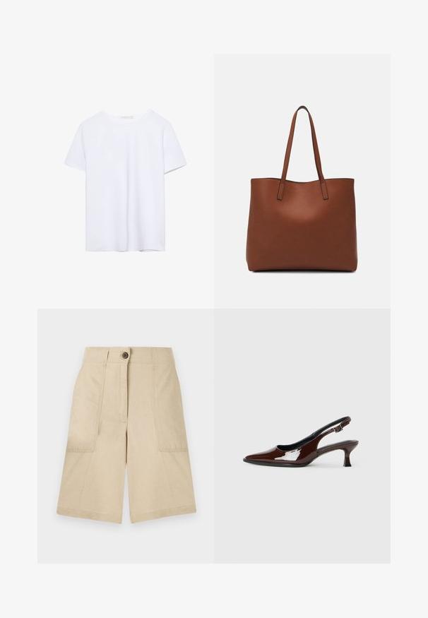 T-shirt blanc uni à manches courtes et col rond avec ourlet droit, présenté sur un fond blanc.; Shorts en lin beige avec deux poches latérales, une fermeture à bouton à l'avant, coupe droite et texture lisse. Design épuré sans motifs.; Chaussure slingback en cuir verni marron avec un bout pointu et un talon modéré. Elle est dotée d'une sangle à boucle pour un ajustement sécuritaire. Texture lisse.; Sac fourre-tout en cuir marron avec une texture lisse, design à ouverture supérieure et deux poignées pour le porter à l'épaule. Présente des coutures minimales et aucun matériel visible.