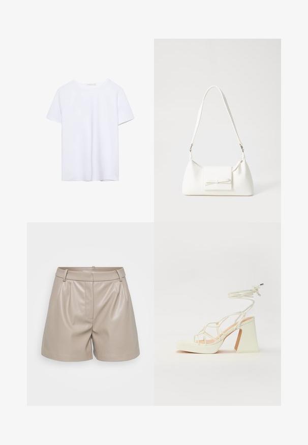 Simpel hvid kortærmet t-shirt med rund hals og lige kant, præsenteret på en hvid baggrund.; Beige lædershorts med en glat tekstur, udstyret med folder, en talje med bæltesløjfer og en enkelt forside lomme.; Hvide højhælede sandaler med en kraftig hæl, der har et stropdesign og ankelbinding. Glat tekstur med en platform foran for ekstra højde.; Hvid syntetisk håndtaske med en trekantet form, flad forsideklap og sløjfedetalje, justerbar strop, glat tekstur og minimalistisk design.
