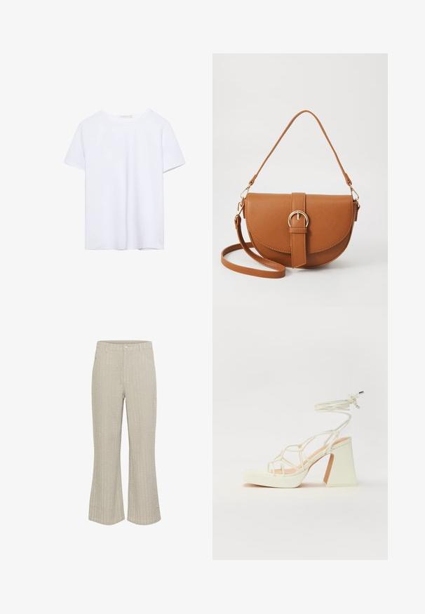Simpel hvid kortærmet t-shirt med rund hals og lige kant, præsenteret på en hvid baggrund.; Beige buede bukser med tekstureret ribmønster, der har en frontlukning med knap og lommer. Stoffet ser blødt ud med en let glans.; Hvide højhælede sandaler med en kraftig hæl, der har et stropdesign og ankelbinding. Glat tekstur med en platform foran for ekstra højde.; Brun læder crossbody taske med en buet form, guldfarvet hardware og en spændeaccent. Har en aftagelig skulderrem.