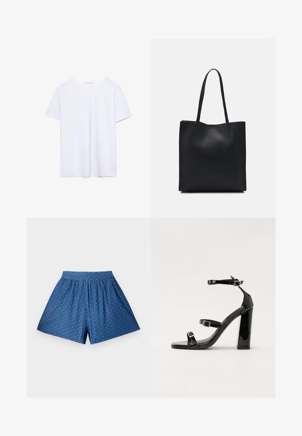 Jednostavna bijela majica kratkih rukava s okruglim izrezom i ravnim rubom, prikazana na bijeloj pozadini.; Plave traperice šortse s elastičnim pojasom i bijelim točkicama. Imaju opušteni kroj i dužinu do koljena. Glatka tekstura.; Crne lakirane sandale na pete sa kvadratnim nosom, trakama oko gležnja i srebrnim kopčama. Imaju čvrst blok petu za stabilnost.; Crna kožna torba za nošenje s glatkom teksturom, pravokutnim oblikom i dvije duge ručke. Nema vidljivih metalnih dijelova ili ukrasa.