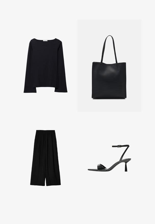 Black long-sleeve top with a wide crew neckline, relaxed fit, and soft texture. Features a slightly longer back hem and no additional embellishments.; Black wide-leg pants made of lightweight fabric, featuring an elastic waistband and soft, crinkled texture. Floor-length design.; Bershka High heeled sandals - black; Black leather tote bag with smooth texture, rectangular shape, and two long handles. No visible hardware or embellishments.