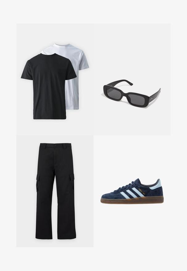 To t-skjorter i bomull vist rygg mot rygg: en svart og en hvit. Begge har korte ermer og rund hals, med en glatt tekstur.; Svarte cargo-bukser med rett ben-design. Laget av slitesterkt stoff, med to sidelommer med klaffelukking og knappestolpe.; Mørkeblå semsket Adidas-sneakers med lyseblå striper, gummisåle, lyseblå hælklaff og gull "Spezial"-merke på siden.; Sorte rektangulære solbriller med mørke linser, glatte plastrammer og brede stenger. Subtil merkevare på siden.