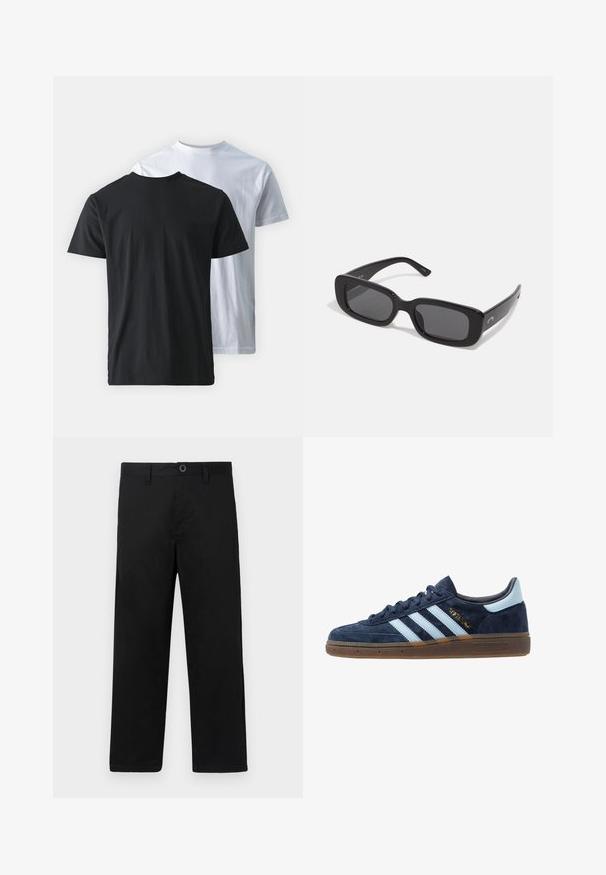 Deux t-shirts en coton montrés dos à dos : un noir et un blanc. Tous deux possèdent des manches courtes et un col rond, avec une texture lisse.; Pantalon en coton noir coupe droite, avec une taille standard, des passants de ceinture et une fermeture à un bouton. Texture lisse, sans motifs.; Baskets Adidas en daim bleu marine avec des rayures bleu clair, semelle en gomme, languette de talon bleu clair et marquage doré "Spezial" sur le côté.; Lunettes de soleil noires rectangulaires avec des verres foncés, monture en plastique lisse et branches larges. Marque discrète sur le côté.
