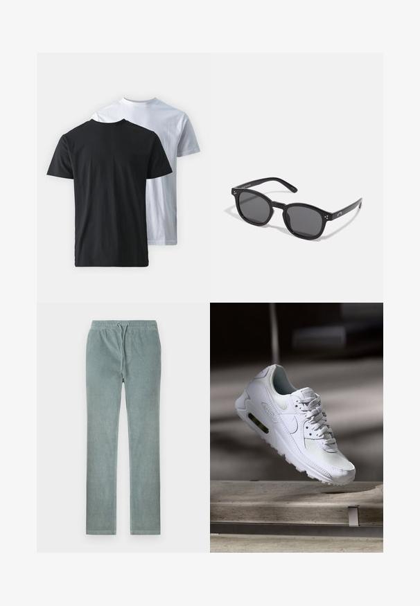 Dve bavlnené tričká zobrazené chrbát k chrbátu: jedno čierne a jedno biele. Obe majú krátke rukávy a okrúhly výstrih, s hladkou textúrou.; Svetlo modré kordové nohavice s elastickým pásom a nastaviteľnou šnúrkou. Majú rovné nohavice a mäkký, textúrovaný povrch.; Biele tenisky Nike Air Max 90 s vrchnou časťou z kože a sieťoviny, perforovanou špičkou a viditeľnou vzduchovou jednotkou v päte.; Čierne oválne slnečné okuliare s tmavými sklami, hrubými rámami a striebornými bodovými detailmi na stranách. Hladký plastový materiál, moderný dizajn.