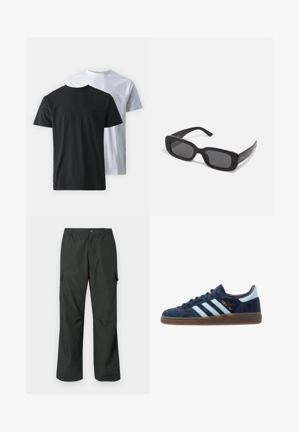 Dva pamučna T-majice prikazana leđa uz leđa: jedna crna i jedna bijela. Obje imaju kratke rukave i okrugle izreze, s glatkom teksturom.; Tamnozelene cargo hlače s opuštenim fitom, elastičnim pojasom, prošivenim džepovima i glatkom, laganom teksturom.; Tamno plave nubuk Adidas tenisice s svijetloplavim trakama, gumeni potplat, svijetloplava petna obloga i zlatni "Spezial" brendirani natpis sa strane.; Crne pravokutne sunčane naočale s tamnim lećama, glatkim plastičnim okvirom i širokim naramnicama. Suptilan brend s bočne strane.