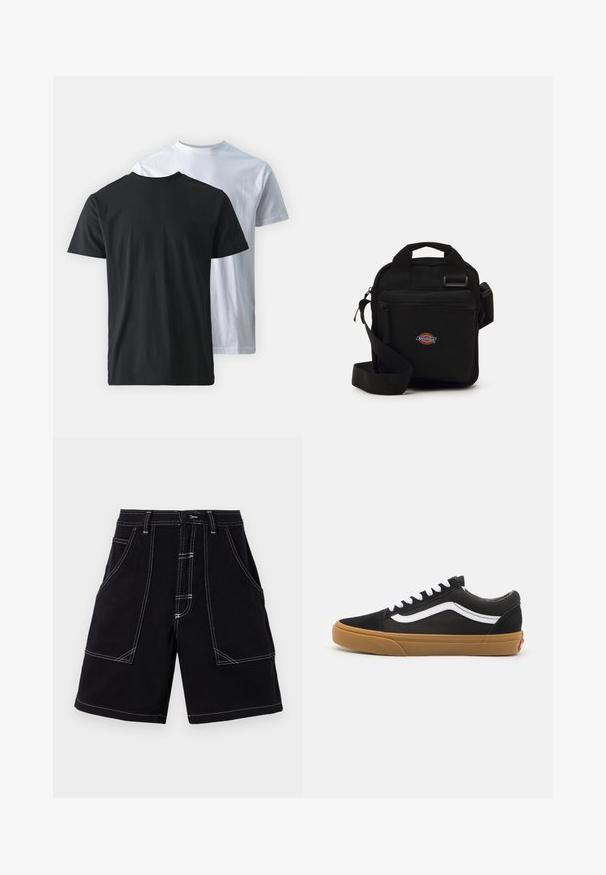 Două tricouri din bumbac prezentate spate în spate: unul negru și unul alb. Ambele au mâneci scurte și guler rotund, având o textură netedă.; Pantaloni scurți cargo negri cu cusături albe contrastante, multiple buzunare și o croială dreaptă. Fabricati dintr-un material durabil, cu o textură fină.; Adidași din suede negru cu dungi albe pe lateral, șireturi albe și talpă din cauciuc natural. Design clasic de tip low-top cu accente texturate și vârf rotunjit.; Geantă de umăr neagră cu un buzunar cu fermoar, formă rectangulară, fabricată din material textil, cu un patch logo pe partea din față, curea de umăr ajustabilă.