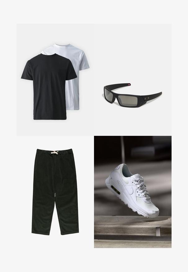 Zwei Baumwoll-T-Shirts, Rücken an Rücken gezeigt: eines schwarz und eines weiß. Beide haben kurze Ärmel und Rundhalsausschnitte und verfügen über eine glatte Textur.; Dunkelgrüne Cord-Hose mit einem Elastikbund und Kordelzug, lockerer Passform und Seitentaschen. Weicher Stoff und gerades Bein.; Weiße Nike Air Max 90 Sneaker mit einem Obermaterial aus Mesh und Leder, durchlässigem Zehenbereich und einer sichtbaren Air-Einheit in der Ferse.; Schwarze Sonnenbrille mit matter Oberfläche, rechteckigen Gläsern, leichtem Bogen an den Schläfen, dezentem Logo-Detail und rauchgetönten Gläsern.