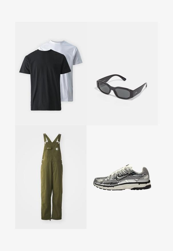 Du žemos medvilnės marškinėliai yra parodyti nugara prie nugaros: vienas juodas, o kitas baltas. Abu marškiniai turi trumpas rankoves ir apvalius iškirpimus, su lygiu paviršiumi.; Alyvuogių spalvos medvilniniai kombinezonai su reguliuojamais petnešomis, priekinė kišenė, užsegimo mygtukai ir laisvas siluetas. Ypatybės: kulkšnies sijonai su elastingomis reguliavimo detalėmis.; Sidabriniai ir juodi sportiniai bateliai su tinkline ir sintetiniu viršumi, apimanti dizaino forma ir tekstūruota apdaila. Yra paminkštinta apykaklė ir guminis padas.; Juodos stačiakampės saulės akinių rėmeliai su tamsiais objektyvais. Storas plastikinis rėmas su lygiu paviršiumi, šone su subtilia prekės ženklų žyme.