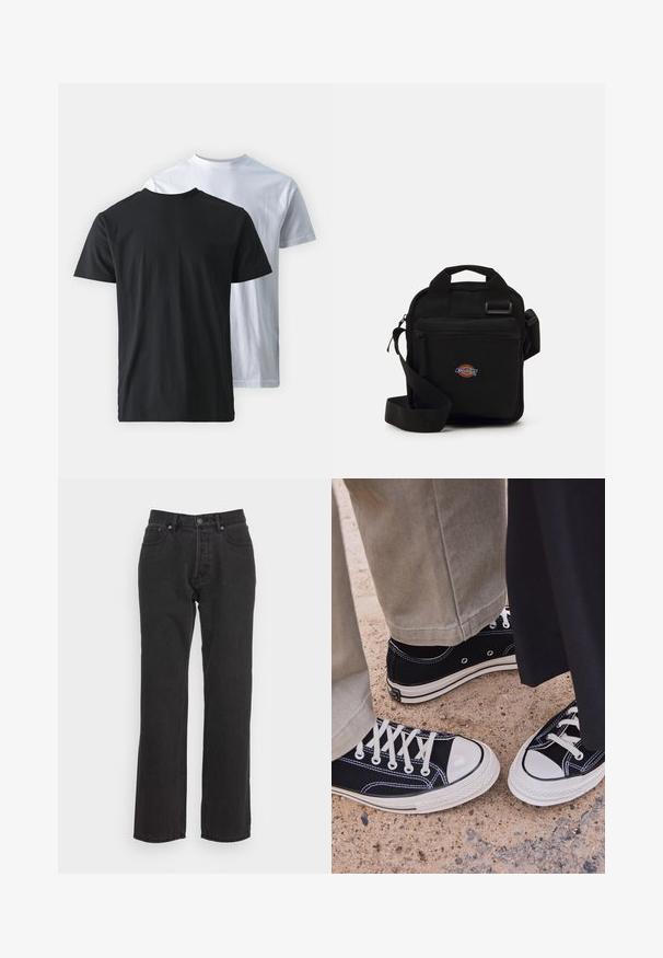 Kaksi puuvillapaitaa, jotka on asetettu selkäkkäin: yksi musta ja yksi valkoinen. Molemmissa on lyhyet hihat ja pyöreät kaula-aukot, ja ne ovat sileitä tekstuuriltaan.; Mustat farkut suoralla lahkeella, joissa on edessä nappikiinnitys, vyölenkit ja kaksi sivutaskua. Rektotettu kangas.; Mustat kangaskengät valkoisilla kumitossuilla ja nauhoilla. Kontrastiväriset ompeleet ja metalliset silmukat tuovat yksityiskohtia. Yhdistetty vaaleanbeigeihin housuihin ja mustaan kankaaseen.; Musta olkakohtainen laukku, jossa on vetoketjullinen tasku, suorakaiteen muotoinen, kangasta, etupuolella logopatchi, säädettävä olkahihna.