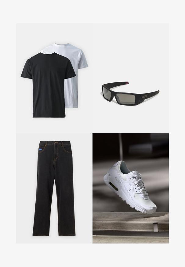 Deux t-shirts en coton montrés dos à dos : un noir et un blanc. Tous deux possèdent des manches courtes et un col rond, avec une texture lisse.; Pantalons en denim noir à jambes droites, avec des coutures orange contrastantes, cinq poches et une fermeture à bouton. Dotés d'une petite étiquette de marque bleue.; Sneaker Nike Air Max 90 blanche avec une tige en mesh et cuir, une boîte à orteils perforée et une unité air visible au talon.; Lunettes de soleil noires avec une finition mate, verres rectangulaires, légère courbure sur les branches, détail de logo subtil et verres teintés fumés.