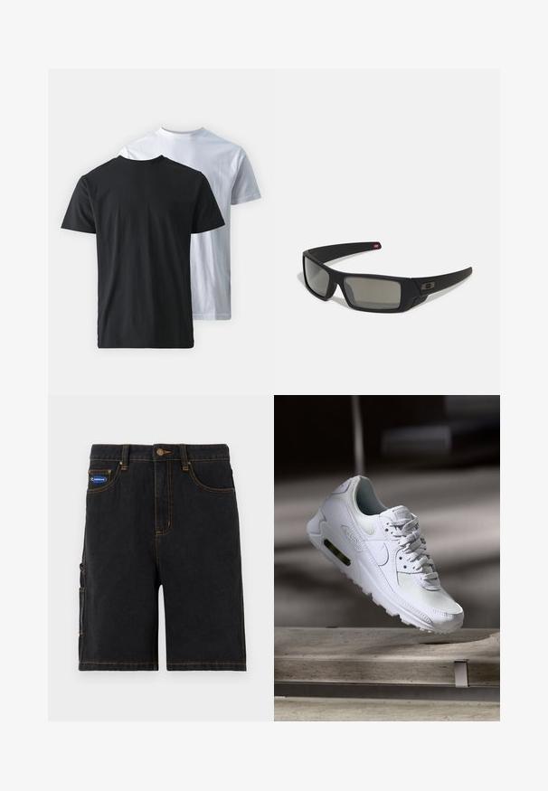 Twee katoenen T-shirts, rug aan rug getoond: één zwart en één wit. Beide hebben korte mouwen en een ronde halslijn, met een gladde textuur.; Zwarte denim shorts met voorzakken, een zijcargo zak en oranje stiksel. Voorzien van een metalen knoopsluiting en een merkpatch.; Witte Nike Air Max 90 sneaker met een bovenwerk van mesh en leer, een geperforeerde teenbox en een zichtbare luchtunit in de hiel.; Zwarte zonnebril met een matte afwerking, rechthoekige glazen, een lichte kromming op de slapen, subtiele logodetails en rookgetinte glazen.