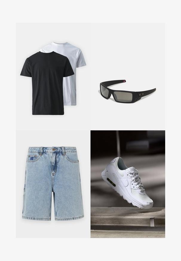 Divas divas kokvilnas T-krekli, kas parādīti viens pret otru: viens melns un viens balts. Abiem ir īsas piedurknes un apaļas kakla izgriezumi, ar gludu tekstūru.; Gaiši zili džinsa šorti ar brīvu piegriezumu, ar pogu aizdari, priekšējiem kabatām un vieglu nolietojumu. Vienkāršs dizains, bez redzamām rakstu detaļām.; Baltas Nike Air Max 90 sporta apavi ar sietu un ādas augšdaļu, caurspīdīgu pirksta daļu un redzamu gaisa vienību papēdī.; Melni saulesbrilles ar matētu apdari, taisnstūra lēcām, nedaudz izliektiem tempļiem, smalkiem logotipa elementiem un dūmu nokrāsas lēcām.