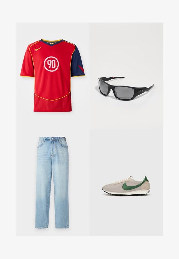 Punane spordisärk, millel on lühikesed varrukad ja V-kaelus. Kujunduses on sinised aktsendid, kollane ääristus ja ümmargune valge logo, millel on number "90".; Heledad sinine teksarihm, sirge sääre disainiga, pleekinud pesu, traditsiooniline viie taskuga stiil ja metallnupuga vöökoht.; Bežid jooksujalatsid roheliste nahkdetailidega, tekstureeritud võrkkangas, kreemikarva paelad ja must kummist tallaga, millel on haardenupid.; Mustad musta viimistlusega prillid, ristkülikukujuliste läätsedega ja halli tooniga. Küljel on logo ja sujuv, kaarjas templidisain.