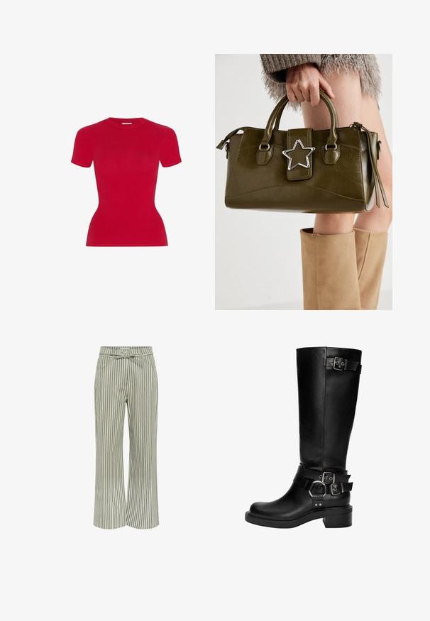 T-shirt rosso a maniche corte con un design aderente. Realizzato in materiale liscio, con collo rotondo e bordi senza cuciture.; Pantaloni a gamba larga a righe verdi e bianche, con vita alta e cinturino, due tasche frontali e una texture di tessuto morbida.; Stivali alti neri in pelle fino al ginocchio con punta rotonda, tacco a blocco e numerose cinghie decorative con fibbie e accenti argentati.; Borsa a mano in similpelle verde oliva con accentatura a stella argentata, manici doppi e chiusura con zip. Superficie testurizzata e forma strutturata.
