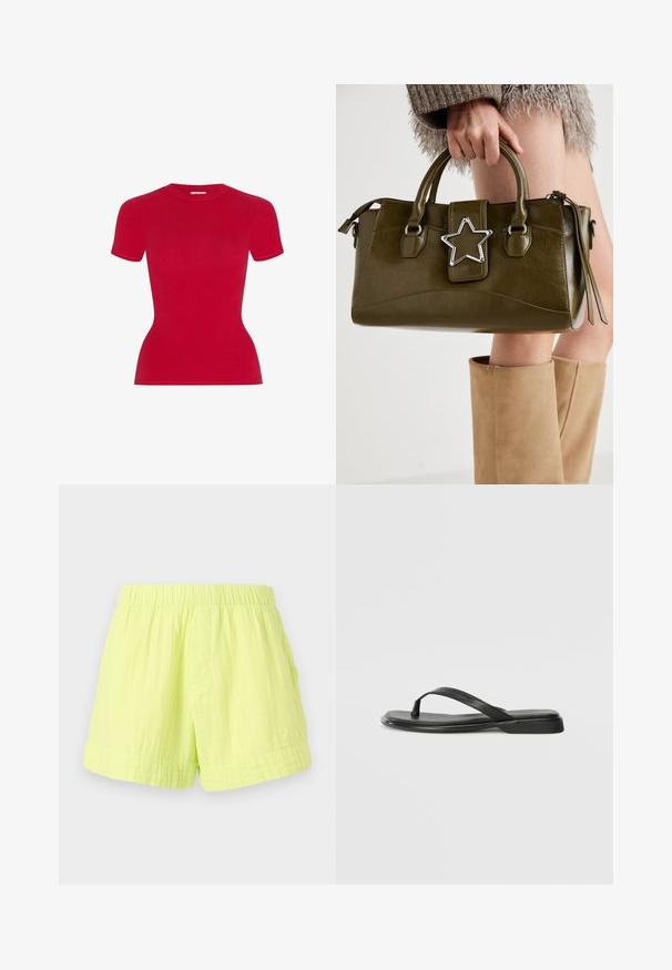 Czerwona koszulka krótki rękaw w dopasowanym fasonie. Wykonana z gładkiego materiału, z okrągłym dekoltem i bezszwowym wykończeniem.; Jasnozielone szorty wykonane z lekkiego, teksturowanego materiału, z elastycznym pasem i jedną boczną kieszenią. Bez widocznych zapięć.; Czarne klapki wykonane z gładkiej skóry, z cienkim paskiem i płaską podeszwą o minimalistycznym profilu. Brak widocznych wzorów lub akcentów.; Oliwkowa torebka z ekoskóry z srebrnym akcentem w kształcie gwiazdy, podwójnymi uchwytami i zapięciem na zamek. Teksturowana powierzchnia i wyraźnie zarysowany kształt.