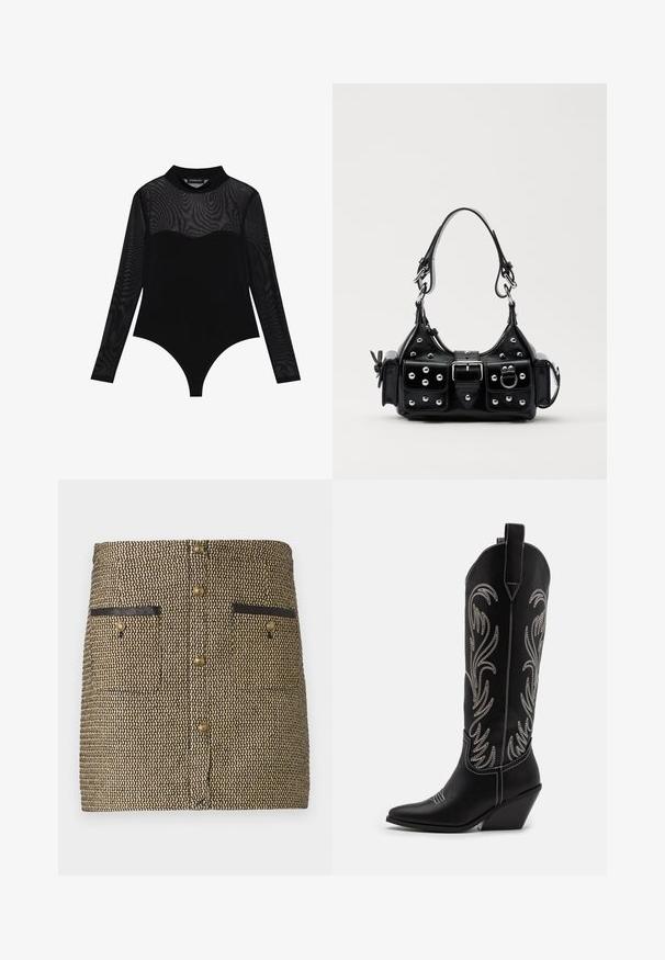 Even&Odd Langærmet T-shirt - black; Vævet nederdel med et sort og guld mønster, to forlommer med sorte accenter og guldknapper ned ad midten.; Sorte læder cowboystøvler med spidse tæer, kilehæle og sølv broderede blomster mønstre langs skaftet. Kontrast syning overalt.; Sort læderhåndtaske med et buet design, prydet med sølvfarvede nitter, en spænde og to sidelommer. Justerbar rem til forskellige bære muligheder.