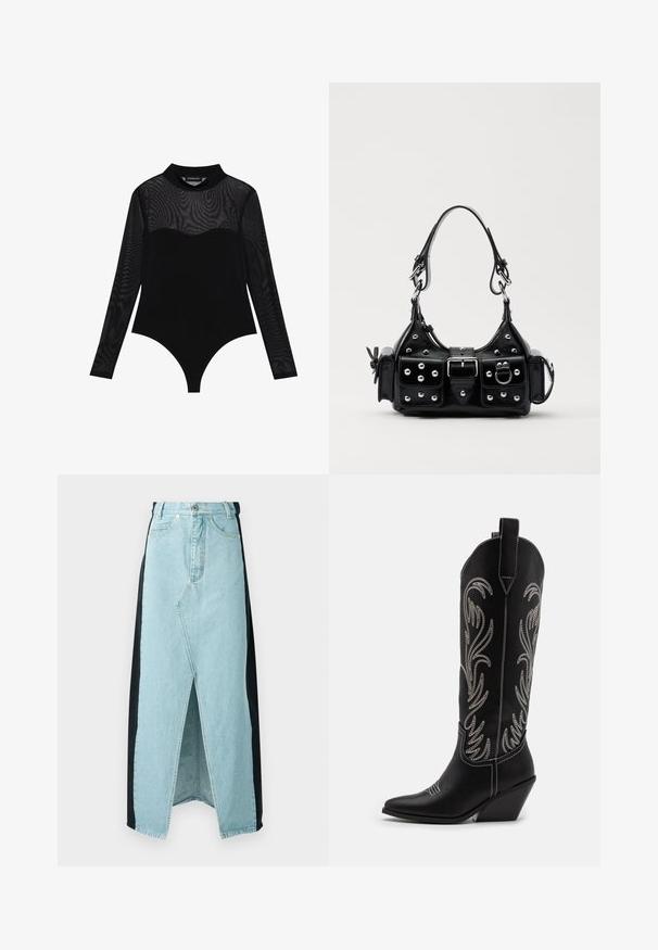 Even&Odd Langærmet T-shirt - black; Denim nederdel, der kombinerer lyseblå og sorte materialer, med en frontslids, høj talje og struktureret design med standard knaplukning.; Sorte læder cowboystøvler med spidse tæer, kilehæle og sølv broderede blomster mønstre langs skaftet. Kontrast syning overalt.; Sort læderhåndtaske med et buet design, prydet med sølvfarvede nitter, en spænde og to sidelommer. Justerbar rem til forskellige bære muligheder.