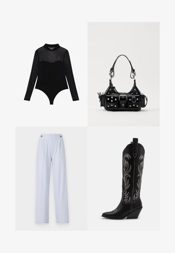 Even&Odd Long sleeved top - black; Light blue striped trousers with a wide-leg design, featuring two prominent buttons at the waistband and soft fabric texture.; Black leather cowboy boots with pointed toes, wedge heels, and silver embroidered floral patterns along the shaft. Contrast stitching throughout.; Black leather handbag with a curved design, featuring silver studs, a buckle, and two side pockets. Adjustable strap for carrying options.