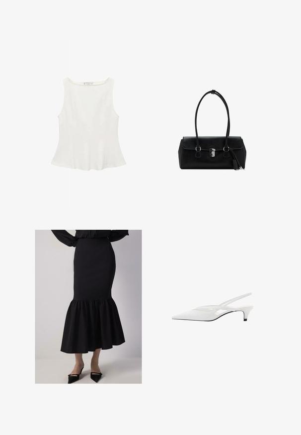 Bijela bez rukava majica s okruglim izrezom, blago šireg kroja i glatke teksture, izrađena od lagane tkanine. Jednostavan dizajn bez uzoraka.; Crna sirena suknja s prilagođenim strukom, raširenim dnom i teksturiranim materijalom. Završava odmah ispod koljena s detaljem od volana.; Bijela slingback potpetica s oštrom punta, koja ima glatki gornji dio, suptilne izreze i nisku blok potpeticu. Crna potplata naglašava dizajn.; Crna kožna torba s glatkom teksturom, strukturiranim dizajnom, dvostrukim ručkama i detaljem od srebra na kopčanju u sredini.