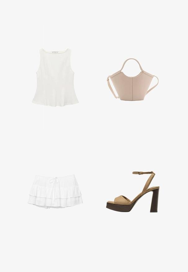 Haut sans manches blanc avec un col rond, présentant une forme évasée et une texture lisse, fait en tissu léger. Design simple sans imprimés.; Jupe blanche à volants en trois niveaux, taille élastique et cordon de serrage. Fabriquée en tissu léger et texturé.; Sandales à talons hauts en suede beige avec une large bride avant et une bride à la cheville, dotées d'un chunky talon en bois avec une finition texturée.; Sac à main en cuir beige avec une forme unique, doté de deux poignées courtes et d'une longue sangle réglable. Texture lisse avec un minimum de matériel.