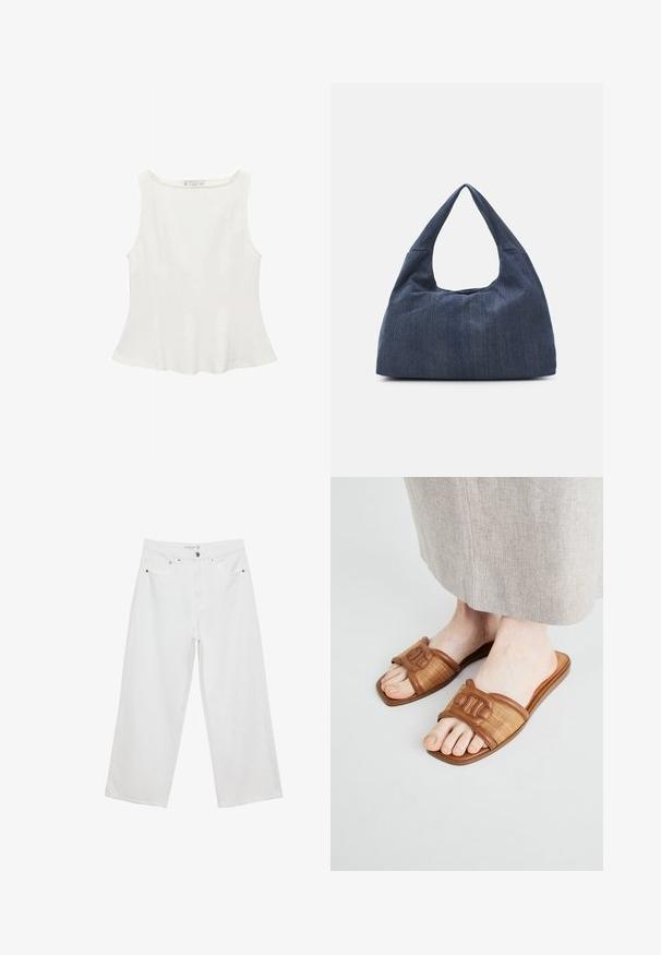 Biela bezrukávová blúzka s okrúhlym výstrihom, s rozšíreným strihom a hladkou textúrou, vyrobená z ľahkej látky. Jednoduchý dizajn bez potlače.; Biele široké džínsy z denimu s vysokým pásom, vybavené piatimi vreckami a kovovými doplnkami. Hladká textúra, žiadne viditeľné vzory.; Hnedé šľapky s plochou podrážkou, obsahujúce tkaninu s tkanými detailmi a hladké kožené akcenty, s ozdobným remienkom.; Tmavomodrá džínová taška so mäkkým, voľným tvarom, s rukoväťou v štýle hobo a textúrovaným povrchom. Žiadne viditeľné kovové akcenty.