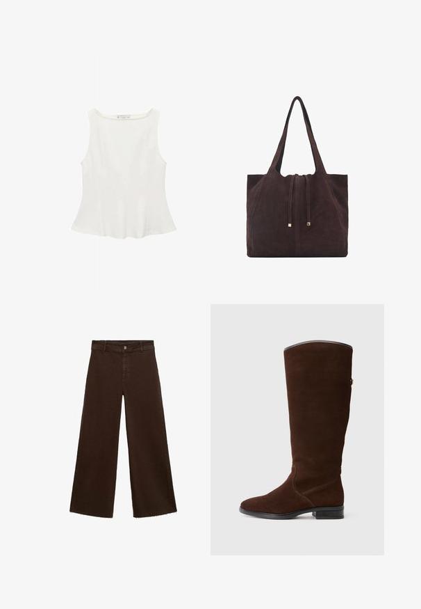 Weißes ärmelloses Oberteil mit rundem Ausschnitt, in ausgestellter Form und glatter Textur, aus leichtem Stoff gefertigt. Einfaches Design ohne Drucke.; Braune, weit geschnittene Hosen aus Baumwollmischung mit fransigem Saum, vorderem Knopfverschluss und klassischem Fünf-Taschen-Design. Minimalistisch und vielseitig.; Braune Wildleder-Kniestrümpfe mit runder Zehenpartie, dezentenNähten und einem niedrigen Blockabsatz. Glatte Fütterung am oberen Rand.; Mango Shopping Bag - dark brown