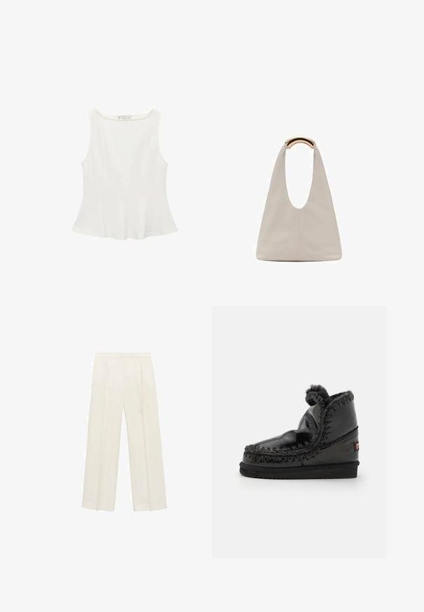 Top alb fără mâneci, cu guler rotund, având o formă evazată și o textură netedă, realizat dintr-un material ușor. Design simplu, fără imprimeuri.; Pantaloni cu picioare largi, de culoare crem deschis. Realizați dintr-un material neted, cu plisuri în față și buzunare laterale.; Mou ESKIMO 18 - Botine clasice - black; Geantă din piele gri deschis cu un design în formă de U și un mâner metalic curbat. Textură netedă cu cusături minime și fără modele vizibile.