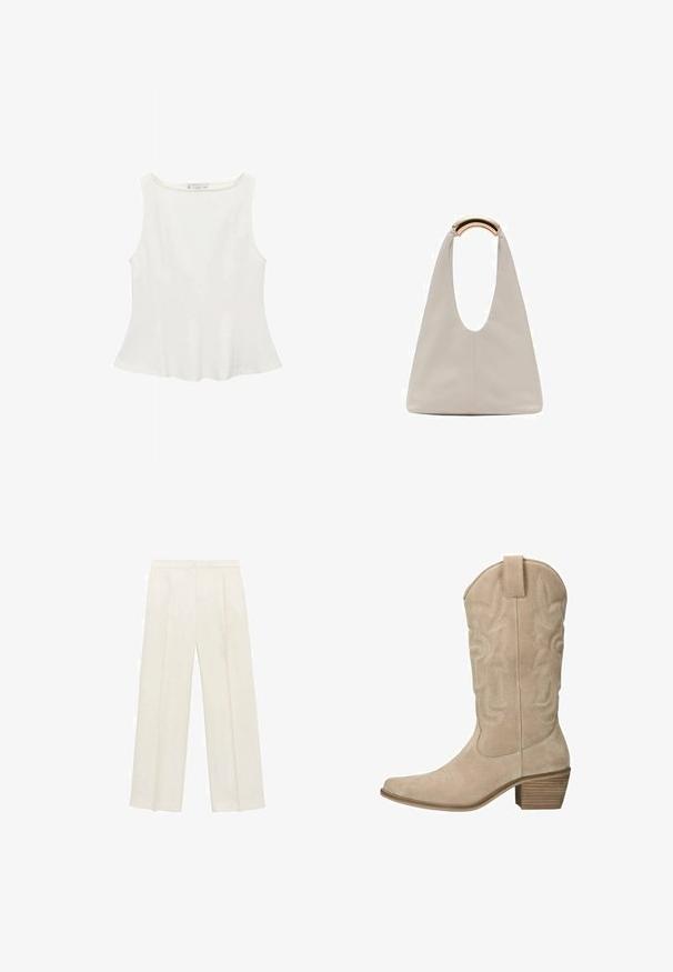 Top bianco senza maniche con scollatura tonda, caratterizzato da una forma svasata e una texture morbida, realizzato in tessuto leggero. Design semplice senza stampe.; Pantaloni a gamba larga di un leggero colore crema. Realizzati in un tessuto morbido con pieghe sul davanti e tasche laterali.; Stivale da cowboy in suede beige con cuciture decorative, punta affusolata e tacco impilato. L'asta presenta una parte superiore leggermente curvata per un tocco di stile.; Borsa in pelle grigio chiaro con design a forma di U e manico metallico curvo. Texture liscia con cuciture minime e senza motivi visibili.