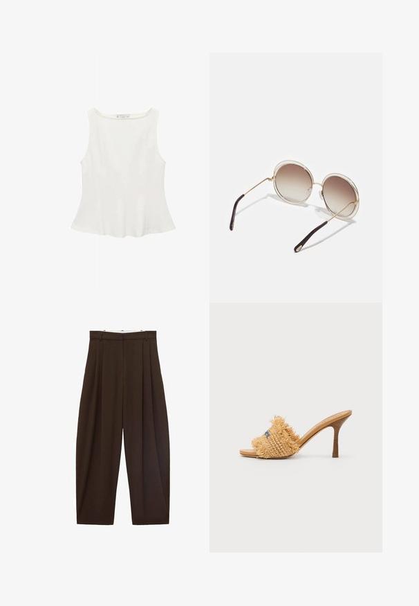 White sleeveless top with a round neckline, featuring a flared shape and smooth texture, made of lightweight fabric. Simple design with no prints.; Brown high-waisted trousers with pleats, made of smooth fabric. Loose fit, straight leg design, featuring belt loops and a zip fly.; Woven straw high-heel sandal in tan with fringed detailing and blue accents, featuring a rounded open toe and a tapered stiletto heel.; CHLOÉ CARLINA OVERSIZED ROUND METAL SUNGLASSES - Sunglasses - gold-coloured/brown; Brown suede handbag with a structured shape, silver-tone hardware, two shoulder straps, and a decorative keychain attached.