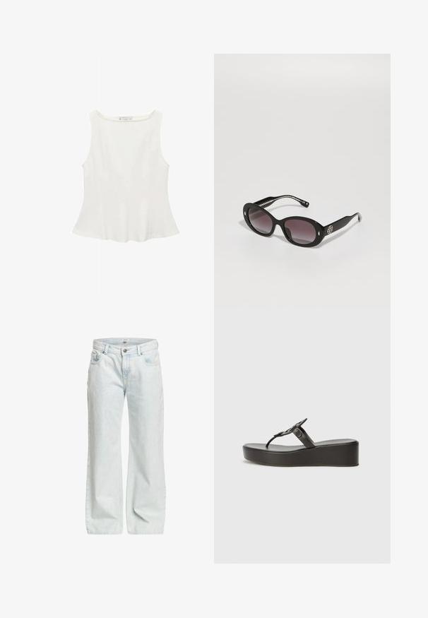 Haut sans manches blanc avec un col rond, présentant une forme évasée et une texture lisse, fait en tissu léger. Design simple sans imprimés.; Jean large bleu clair en denim, avec une fermeture à bouton, cinq poches et une légère texture délavée.; Des sandales à plateforme noires avec une semelle épaisse, des fines lanières et un détail de boucle simple. Le matériau semble lisse avec une finition mate.; Lunettes de soleil noires avec des verres dégradés foncés, de forme ovale, finition brillante, présentant un logo bien en vue sur le côté et des accents en argent.; Écharpe en tricot de couleur crème, pliée lâchement en haut avec les deux extrémités tombant droit vers le bas.