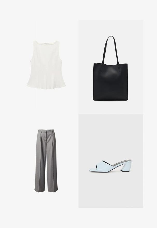 Weißes ärmelloses Oberteil mit rundem Ausschnitt, in ausgestellter Form und glatter Textur, aus leichtem Stoff gefertigt. Einfaches Design ohne Drucke.; Graue weit geschnittene Hose aus einem strukturierten Gewebe, mit Falten, einem mittelhohen Bund und klaren, maßgeschneiderten Linien.; Hellblaue offene mules mit Absatz und geometrischem Design, ausgestattet mit einem breiten Riemen über dem Fuß und einem dicken, winkligen Absatz.; Schwarze Laptoptasche aus Leder mit glatter Textur, rechteckiger Form und zwei langen Griffen. Keine sichtbaren Beschläge oder Verzierungen.