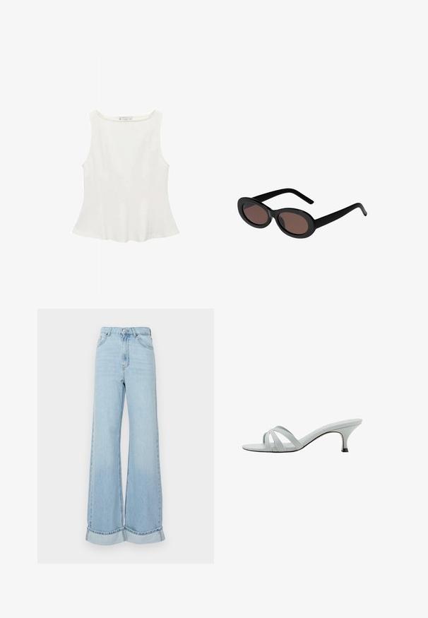 Bijela bez rukava majica s okruglim izrezom, blago šireg kroja i glatke teksture, izrađena od lagane tkanine. Jednostavan dizajn bez uzoraka.; Svijetloplavi široki traperice izrađene od denima. Visoki struk s kopčanjem na gumb i patentnim zatvaračem. Okrenuti rubovi i klasičan dizajn s pet džepova.; Svijetlosive sandale s potpeticama i tri ukrštavajuće trake, vitkog profila i sužene pete. Glatka tekstura s blago sjajnim finishem.; Crne ovalne sunčane naočale s smeškim zaslonom. Imaju debele plastične okvire i tanje, zakrivljene ručke. Cijela površina je glatka.; Crna kožna torba s dvostrukim naramenicama, pravokutnog oblika i minimalističkim dizajnom na bijeloj pozadini.