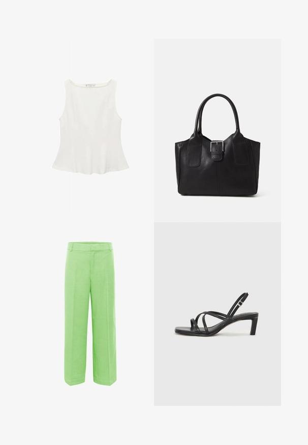 Bílé bezramínkové triko s kulatým výstřihem, s rozšířeným střihem a hladkým povrchem, vyrobené z lehkého materiálu. Jednoduchý design bez potisků.; Zelené kalhoty s širokým střihem vyrobené z texturované látky, s rovný střih, plochým pasem a bez viditelných zapínání či kapes.; Černé sandály na tenkém podpatku se čtveratou špičkou a nízkým blokovým podpatkem. Mají několik tenkých popruhů a nastavitelné zapínání okolo kotníku. Vyrobeny z hladké kůže.; Černá kožená tote taška s hladkým povrchem, strukturovaným tvarem, dvěma uchy a výrazným stříbrným detailem s přezkou na přední straně.