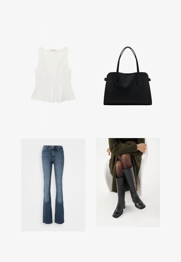 Bílé bezramínkové triko s kulatým výstřihem, s rozšířeným střihem a hladkým povrchem, vyrobené z lehkého materiálu. Jednoduchý design bez potisků.; Bootcut džíny vyrobené z modrého denimu. Mají středně vysoký pas, pět kapes, diskrétní prošívání a mírně vybledlý vzhled na nohách.; Černé kožené boty po kolena s hranatou špičkou a blokovým podpatkem, předvedené na modelce sedící v olivově zeleném kabátu. Hladký povrch, minimalizované detaily.; Černá kožená kabelka s dvojitými ramenními popruhy, obdélníkový tvar a minimalistický design na bílém pozadí.