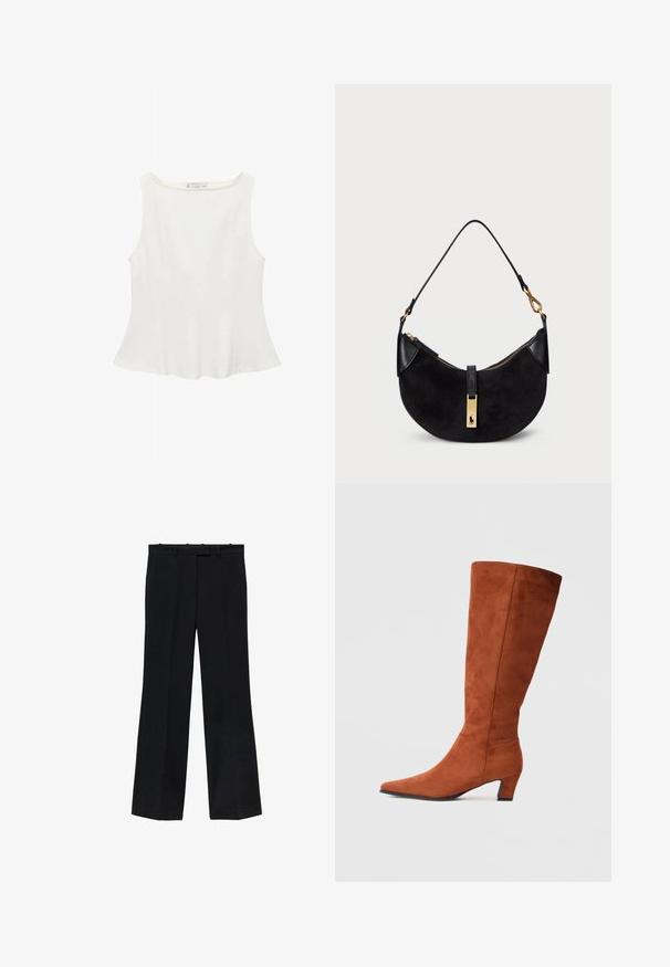 Biela bezrukávová blúzka s okrúhlym výstrihom, s rozšíreným strihom a hladkou textúrou, vyrobená z ľahkej látky. Jednoduchý dizajn bez potlače.; Čierne nohavice so striha s rovnými nohavicami, vyrobené z hladkého materiálu. Majú pás s pútkami na opasok a žiadne viditeľné označenia alebo ozdoby.; Hnedé semišové vysoké čižmy po kolená s špicatou špičkou a malým blokovým podpätkom, s hladkou textúrou a minimalistickým dizajnom.; Čierna kabelka s zakriveným tvarom, vyrobená z semišu a kože, s pozláteným zipsom a detailom loga. Obsahuje krátku rukoväť.