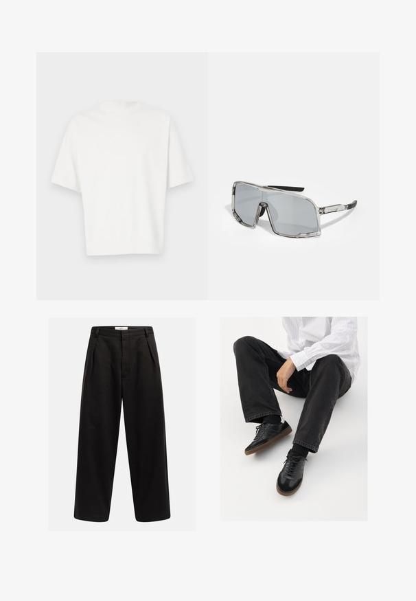 Weißes kurzärmeliges T-Shirt aus weichem Stoff. Rundhalsausschnitt, lockere Passform und einfaches Design ohne Verzierungen oder Muster.; Schwarze weit geschnittene Hose mit vorderen Falten, Gürtelschlaufen und verdecktem Verschluss, mit dem Label "Rebel" am Bund.; Schwarze Sneakers mit einer glatten und strukturierten Oberfläche, ausgestattet mit einer Gummisohle und dunklen Schnürsenkeln. Kombiniert mit schwarzen Jeans und einem gestreiften weißen Hemd.; Sonnenbrille mit transparentem Rahmen, grauen Gläsern, rechteckiger Form, Gummiakzenten an den Bügeln und verstellbaren Nasenpolstern.