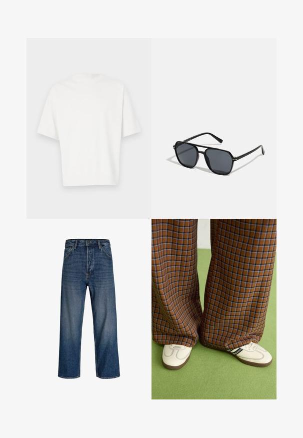 Bijela kratka majica s kratkim rukavima, izrađena od mekog materijala. Okrugli izrez, opušteni kroj i jednostavan dizajn bez ukrasa ili uzoraka.; Traperice s ravnim nogavicama, tamnoplav color, s blagim izbljeđenjem. Imaju pet džepova i zatvaranje na gumbe.; Smeđe i plave karirane široke hlače uparene s bijelim cipelama s crnim akcentima i teksturiranim potplatom, na zelenoj pozadini.; Crne sunčane naočale s osmerokutnim okvirom, tamnim lećama, sjajnom završnom obradom, tankim plaštem i zlatnim detaljima na prednjem dijelu.