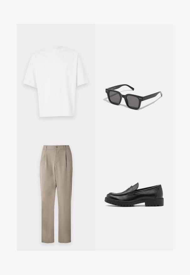 White short-sleeve t-shirt made of soft fabric. Round neckline, relaxed fit, and simple design without embellishments or patterns.; Khaki trousers with a straight-leg design, featuring a button closure and pleated front. Made from smooth fabric with a matte finish.; Black leather loafers with a rounded toe, slip-on design, and thick rubber sole featuring a textured grip. Elevated heel and subtle stitching details.; Black rectangular sunglasses with dark lenses, featuring a thick frame, subtle accents on the sides, and no visible logos beyond the brand name.; Casio quartz wristwatch with a black face, silver stainless steel band, large white and red numerals, and a water-resistant feature up to 200m.