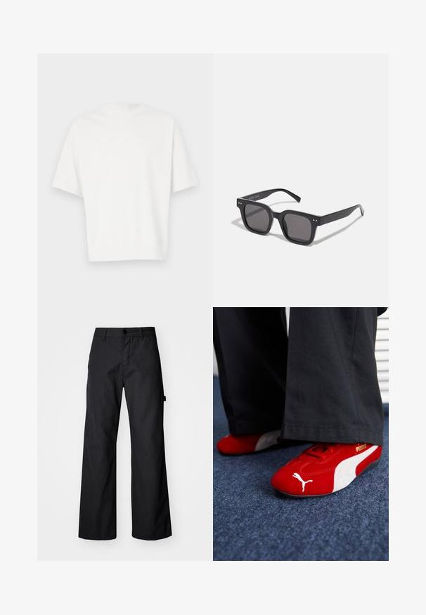 Fehér, rövid ujjú póló, puha anyagból készült. Kerek nyakkivágással, laza fazonnal és díszítések vagy minták nélküli egyszerű dizájnnal.; Fekete, bőszárú nadrág tartós anyagból. Gombos záródással és oldalsó zsebekkel rendelkezik. Sima textúra, letisztult dizájnnal.; Piros velúr sportcipő fehér részletekkel, texturált anyaggal, kerek orral és arany logóval az oldalon, fekete nadrággal kombinálva.; Fekete téglalap alakú napszemüveg sötét lencsékkel, vastag kerettel, finom díszítésekkel az oldalán, és a márkanevet leszámítva látható logók nélkül.; Ezüst rozsdamentes acél kvarcóra fekete, téglalap alakú számlappal, analóg mutatókkal, digitális kijelzővel és vízállósági jelöléssel.; Öt ezüstgyűrű: az egyik fekete kör alakú díszítéssel, a másik fehér és fekete geometriai mintával, a többi pedig különböző formájú és felületű.