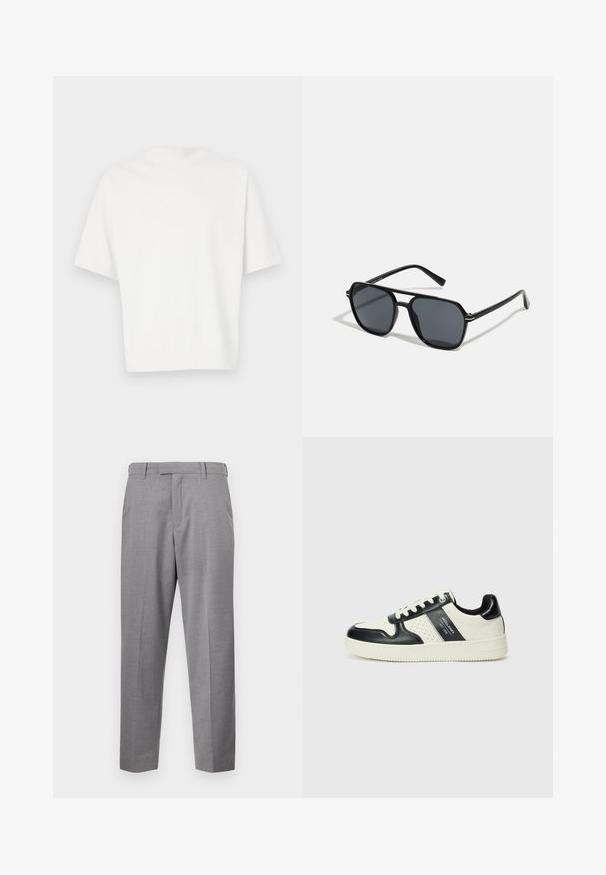White short-sleeve t-shirt made of soft fabric. Round neckline, relaxed fit, and simple design without embellishments or patterns.; Gray dress pants made from textured fabric, featuring a straight leg design, front creases, and standard waistband with belt loops.; Leather sneakers with a black and cream color scheme, featuring perforated accents, a padded collar, and a textured outsole.; Black sunglases with octagonal frame, dark lenses, glossy finish, thin temples, and gold accents on the front.