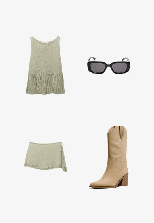 Pletený top v jemně zelené barvě s kulatým výstřihem. Má texturovanou horní část a volný, otevřený okraj spodního lemu.; Pletená sukně v světle zelené barvě s krajkovým okrajem ve tvaru vlnky, nastavitelným vázáním na boku a strukturovanou látkou.; Bershka HIGH-HEEL - Kovbojské/motorkářské kozačky - beige; Černé obdélníkové sluneční brýle s tmavými skly, hladkým plastovým rámem a zakřivenými stranicemi. Design je robustní s minimalistickou estetikou.
