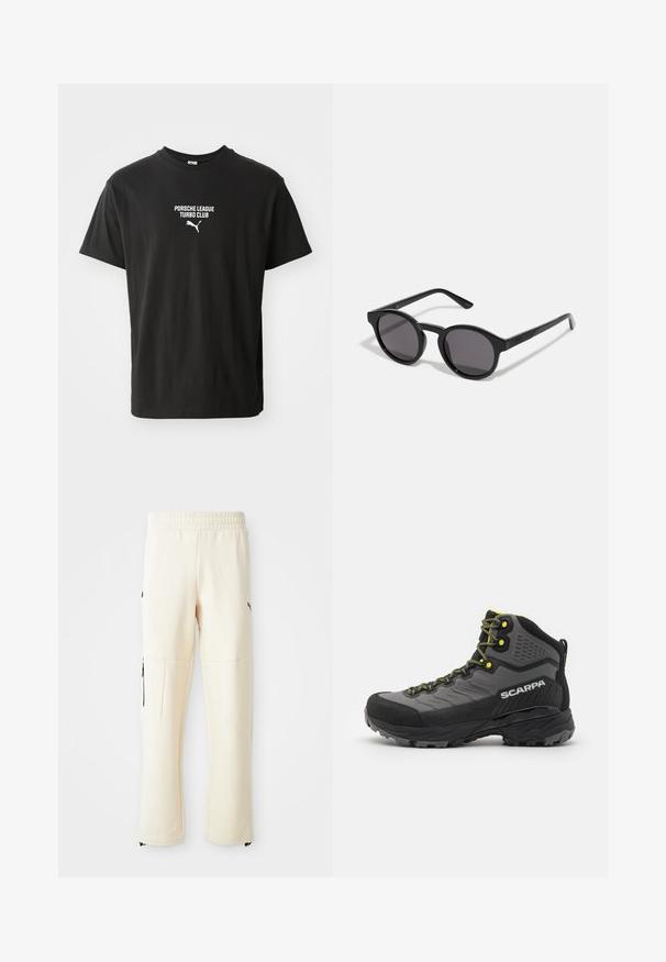 T-shirt en coton noir avec un col ras du cou, présentant du texte imprimé blanc "PORSCHE LEAGUE TURBO CLUB" et un petit logo Puma en dessous.; Pantalons de survêtement beige clair en tissu doux. Présentent un logo noir, des poches latérales avec fermeture éclair et une coupe décontractée.; Botte de randonnée noire et grise avec un tissu texturé, accents jaune vif, bout renforcé et semelle en caoutchouc avec des crampons profonds pour une meilleure adhérence.; Lunettes de soleil noires avec une monture ronde légèrement ondulée, verres foncés et branches noires droites. Fini lisse et brillant sans motifs visibles.
