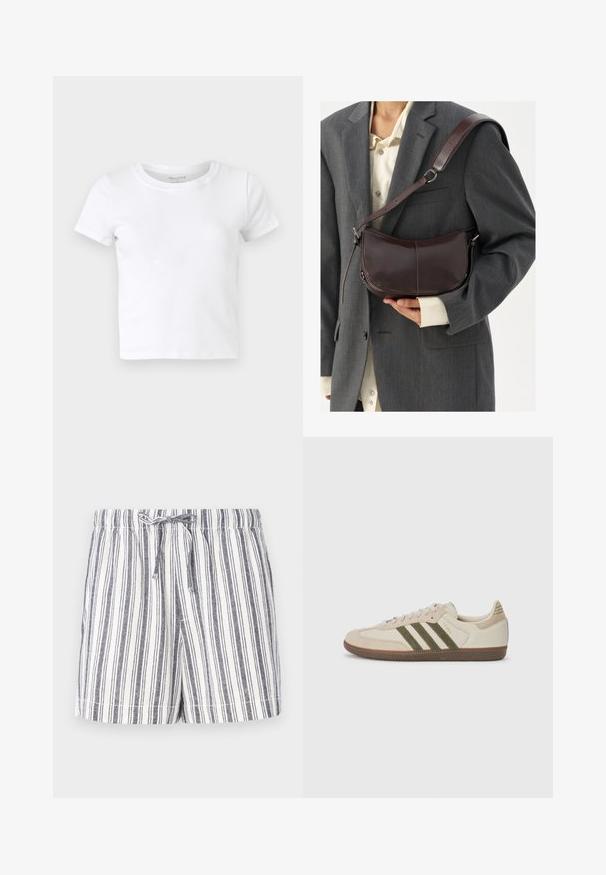 T-shirt en coton blanc à manches courtes avec un col rond, texture lisse et design ajusté. Sans motifs ni éléments visibles.; Shorts rayés blancs et navy, avec une taille à cordon, une coupe décontractée et un tissu doux et léger. Texture lisse et design décontracté.; adidas Originals SAMBA OG UNISEX - Baskets basses - alumina/medium dark khaki/gum; Sac à épaule en cuir marron avec un design incurvé, doté d'une bandoulière amovible, d'une texture lisse et de détails de couture visibles.