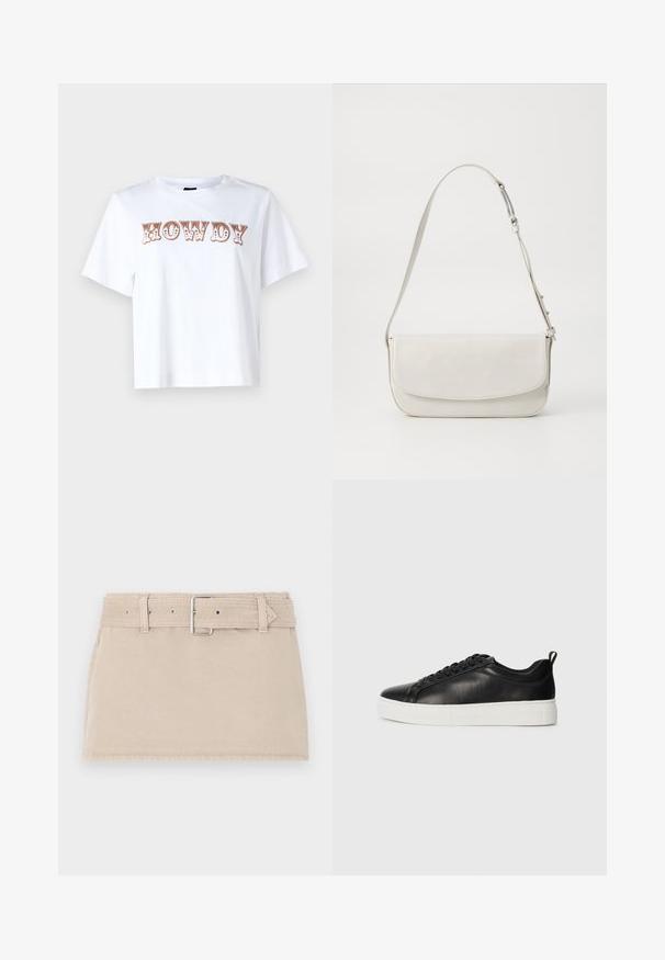 Fehér pamut póló rövid ujjakkal és kerek nyakú, elöl stilizált barna betűkkel írt "HOWDY" felirattal.; Abercrombie & Fitch BELTED MINI - Farmerszoknya - beige; Fekete bőr sportcipő sima felülettel, fehér gumitalppal, kerek orral és fűzős kialakítással. Saroknál húzófül található.; Fehér bőr válltáska sima felülettel, téglalap alakú, fedeles záródással és állítható pánttal. Egyszerű varrási részletek.