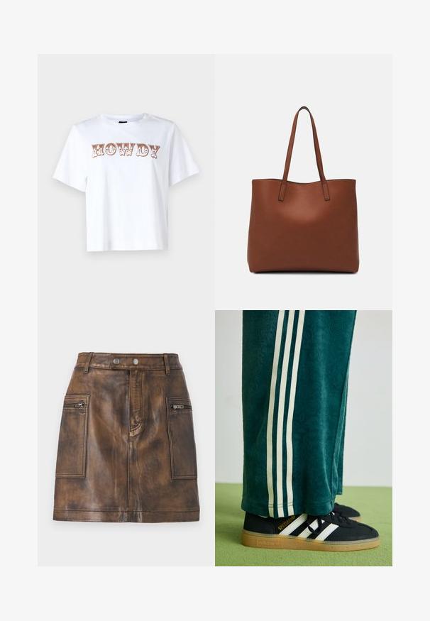 Balta medvilninė marškinėliai trumpomis rankovėmis ir apvaliu kaklu, kuriuose ant priekinės dalies stilizuotu rudu šriftu užrašyta "HOWDY".; Ruda odinės sijonas su aukštu liemeniu, priekiniais užtrauktukais ir lygiu paviršiumi su subtiliais atspalviais, suteikiančiais gylio.; Žalios tekstūruotos kelnės su baltais šoninėmis juostelėmis, derinamos su juodais Adidas sportbačiais, turinčiais tris baltas juosteles ir guminiu padu.; Ruda odinė priekabų krepšys su glotnia tekstūra, atviru viršumi ir dviem petnešomis. Su minimalia siuvimo detalėmis ir nematoma aparatūra.