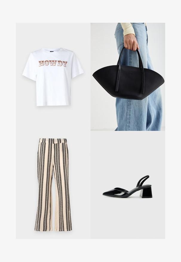 Tricou alb din bumbac, cu mâneci scurte și guler rotund, având inscripția "HOWDY" în litere stilizate de culoare marron pe partea din față.; Pantaloni cu dungi într-o combinație de crem și negru, cu un design cu picioare largi și un material texturat cu un model țesut.; Pantofi cu toc slingback din piele lacuită neagră, cu vârf ascuțit și toc geometric. Prezintă un design elegant, minimalist și o textură netedă.; Geantă de piele neagră cu o formă unică de evantai, având mânere plate. Suprafața are o textură cu mici granule și un design minimalist.