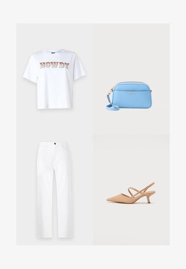 Tricou alb din bumbac, cu mâneci scurte și guler rotund, având inscripția "HOWDY" în litere stilizate de culoare marron pe partea din față.; Jeans albi, cu picioare largi, din denim, având închidere cu nasture, buzunare frontale și un design curat, fără modele sau accente vizibile.; Sandală cu toc înalt, cu vârf ascuțit, de culoare nud, cu bretele minime, realizată din material neted, având un toc stiletto de 5 cm.; Geantă de umăr din piele albastru deschis, cu accente aurii, închidere cu fermoar și un buzunar frontal. Dispune de o curea ajustabilă pentru confort.