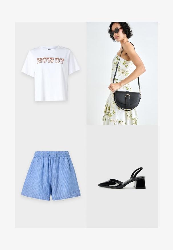Biela bavlnená tričko s krátkymi rukávmi a okrúhlym výstrihom, s nápisom "HOWDY" v štýlovom hnedom písmene cez prednú stranu.; Svetlo modré šortky z bavlny s vertikálnymi bielymi pruhmi. Majú elastický pás a voľný, uvoľnený strih.; Čierne lakované kožené sandálové podpätky s špicatou špičkou a geometrickým blokovým podpätkom. Disponujú elegantným, minimalistickým dizajnom a hladkým povrchom.; Čierna kožená kabelka s zaobleným tvarom, odnímateľným popruhom a zlatými doplnkami. Kabelka má klopu s detailom s prackou.